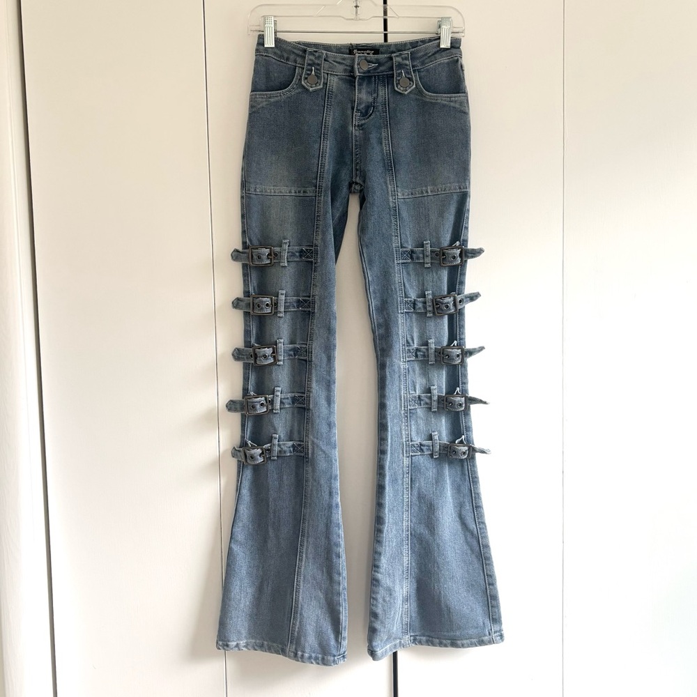 Dolls Kill Generation Kiss Jill Low Rise Buckle Flare Jeans Size XS